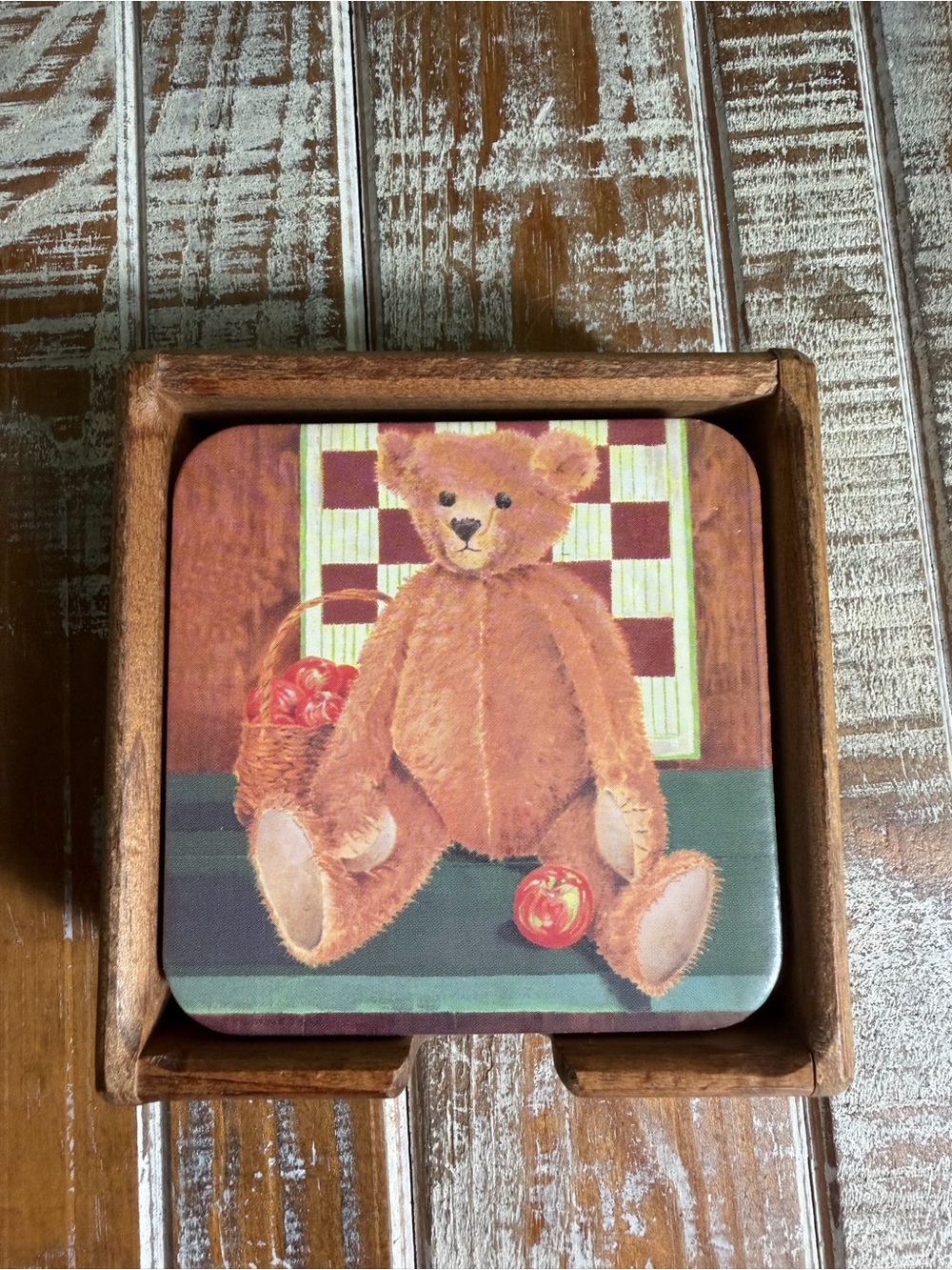 Teddy Bear Wooden Coaster Set - Brown Bear with Apples